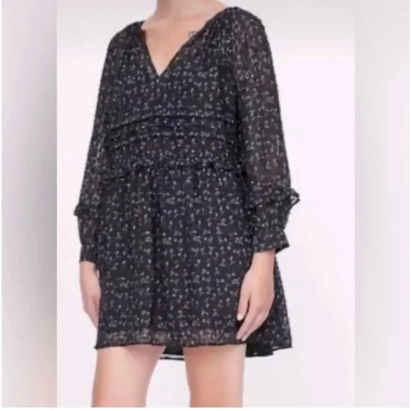 Zara Dresses & Skirts - Zara Long Sleeve Black Pink Floral Swiss Dot All Ruffles Babydoll Dress  size XS